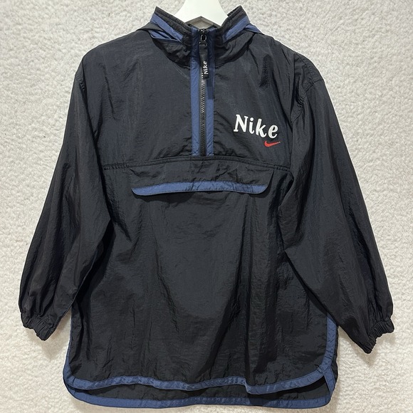 VTG Nike Jacket Windbreaker Large 1/4 Zip Black Swoosh Logo 90s Hood White Tag - Picture 1 of 15